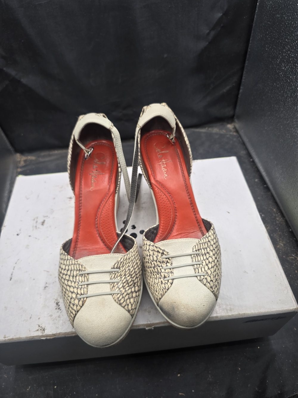 Cole Haan Beige Woven Peep-Toe Slingback Wedges with Red Insole